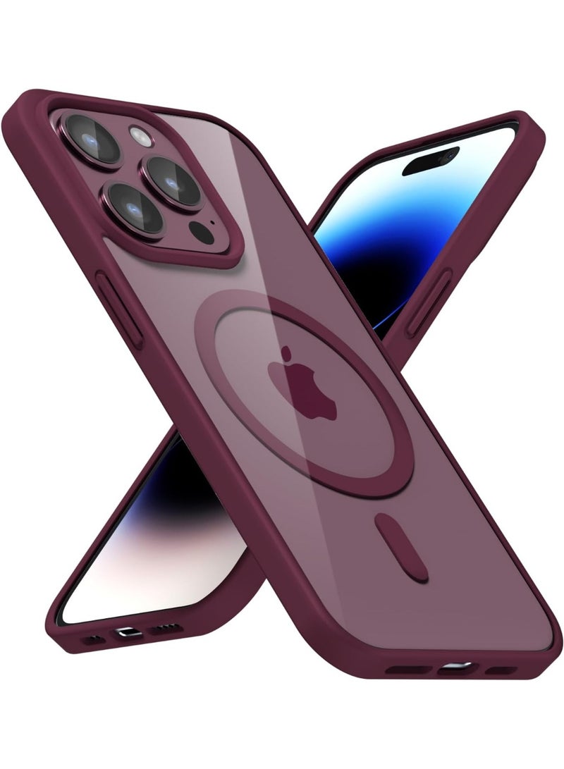 جراب مغناطيسي شفاف لهاتف آيفون 14 برو [مقاوم للصدمات ونحيف] غطاء خلفي صلب شفاف مع حماية عالية الجودة | أحمر داكن